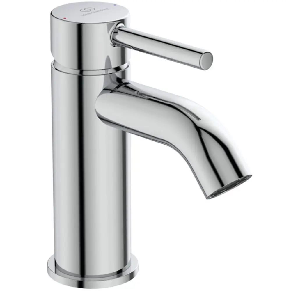 Waschtischarmatur in Chrom, hergestellt von Ideal Standard. Einhebelgriff zur Temperatur- und Mengenregulierung. Auslaufhöhe von etwa 100 mm.